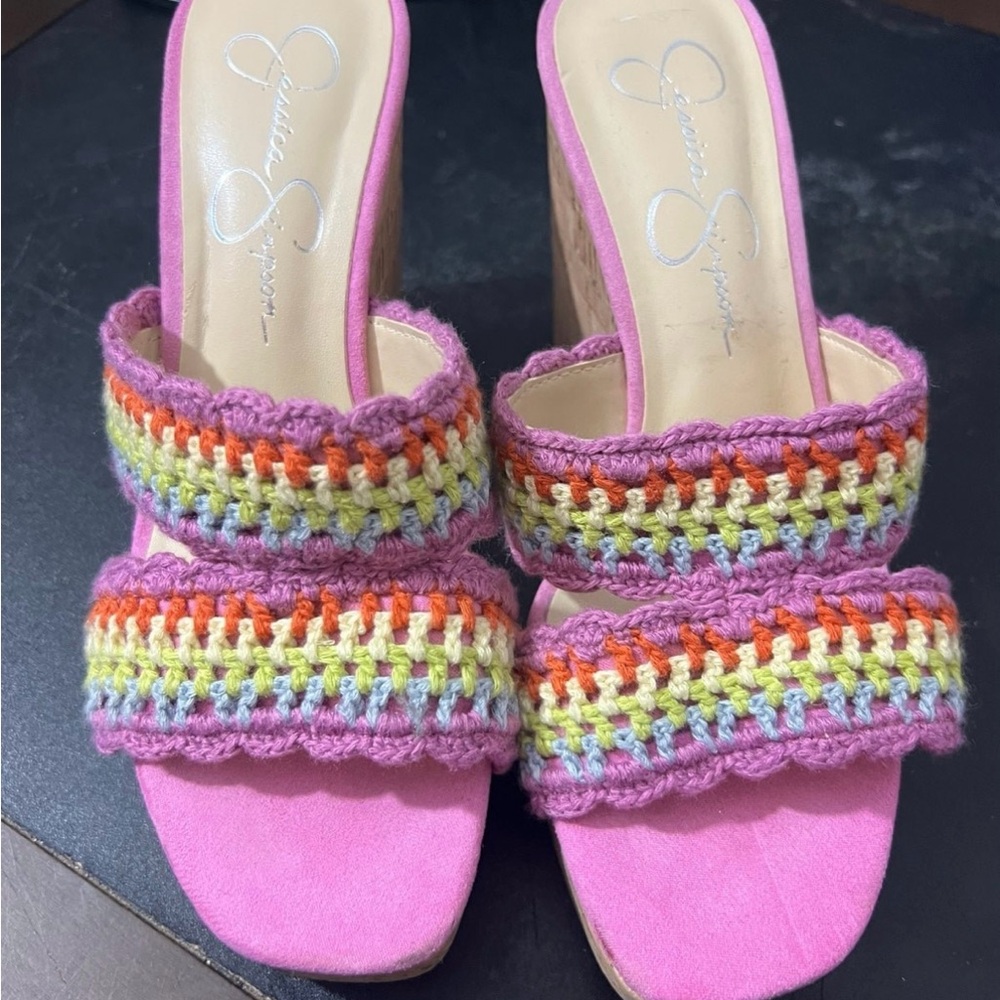 Jessica Simpson Pink Wedges with Colorful Crochet Straps